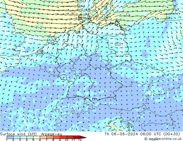 Surface wind (bft) Arpege-eu Th 06.06.2024 06 UTC