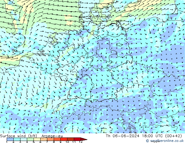 Wind 10 m (bft) Arpege-eu do 06.06.2024 18 UTC