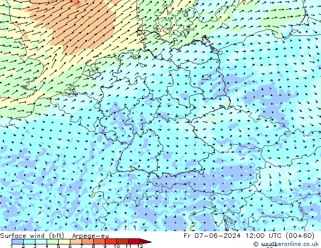 Surface wind (bft) Arpege-eu Fr 07.06.2024 12 UTC