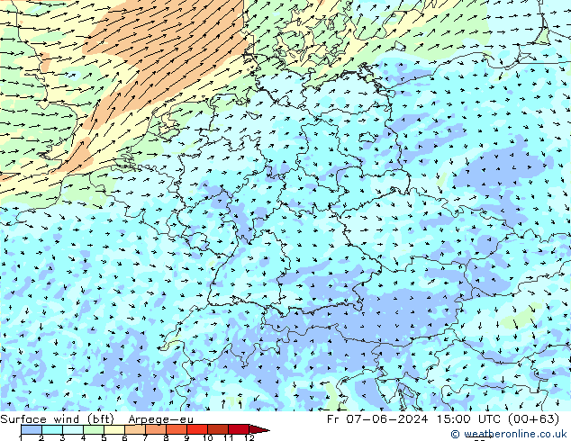 Surface wind (bft) Arpege-eu Fr 07.06.2024 15 UTC