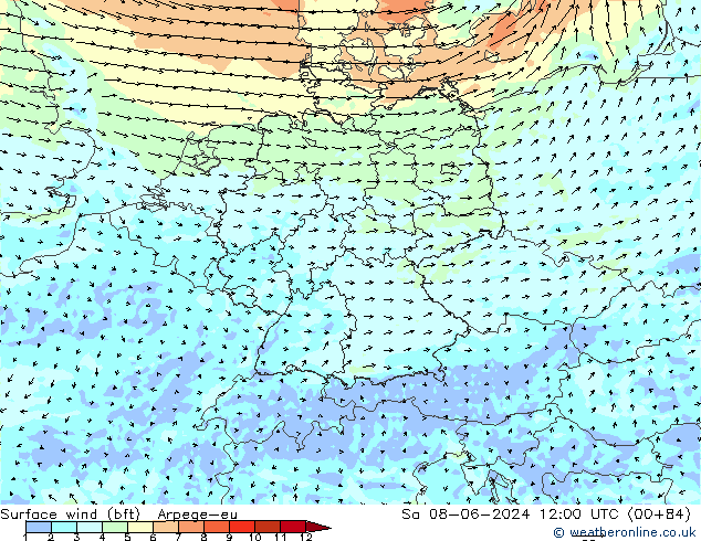 Wind 10 m (bft) Arpege-eu za 08.06.2024 12 UTC