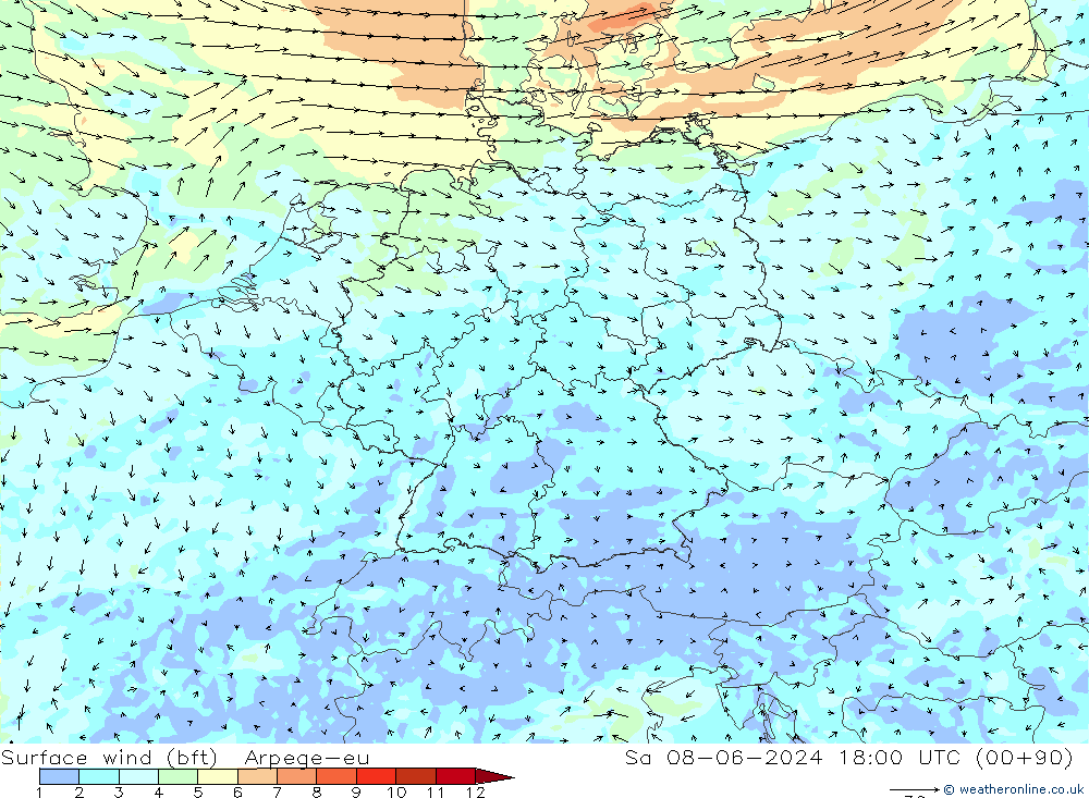 wiatr 10 m (bft) Arpege-eu so. 08.06.2024 18 UTC