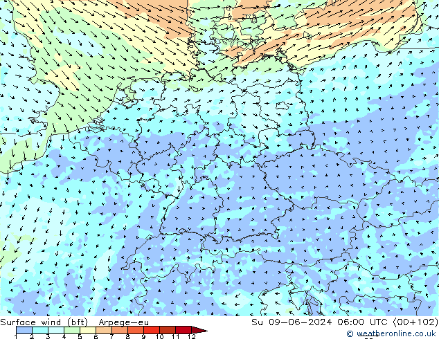 Bodenwind (bft) Arpege-eu So 09.06.2024 06 UTC