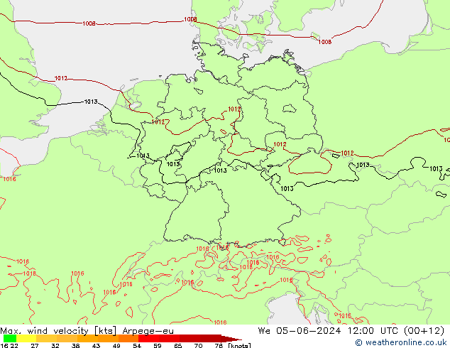 Max. wind velocity Arpege-eu Qua 05.06.2024 12 UTC