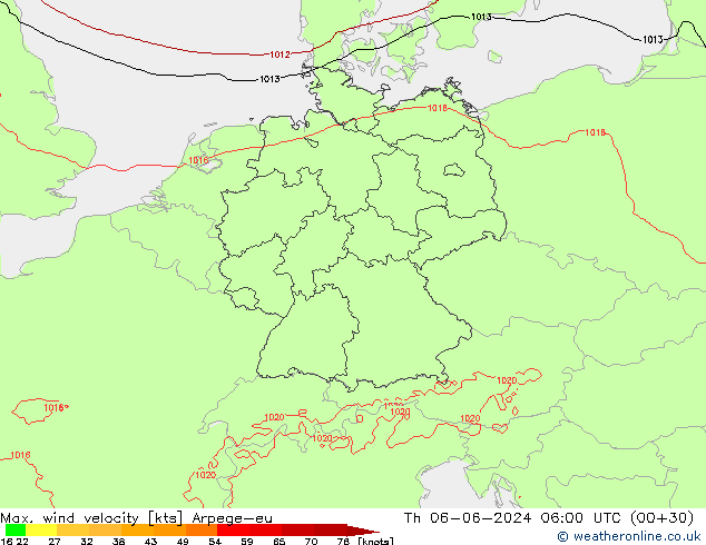 Max. wind snelheid Arpege-eu do 06.06.2024 06 UTC