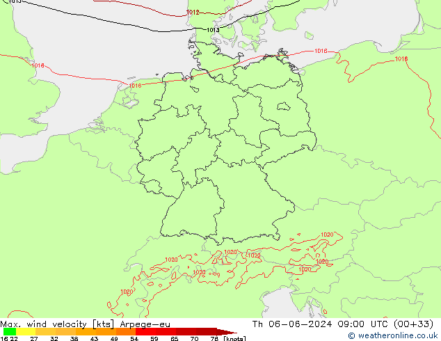 Max. wind velocity Arpege-eu Čt 06.06.2024 09 UTC