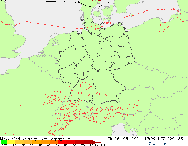 Max. wind velocity Arpege-eu Čt 06.06.2024 12 UTC