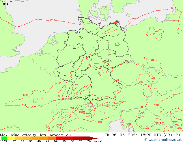 Max. wind snelheid Arpege-eu do 06.06.2024 18 UTC