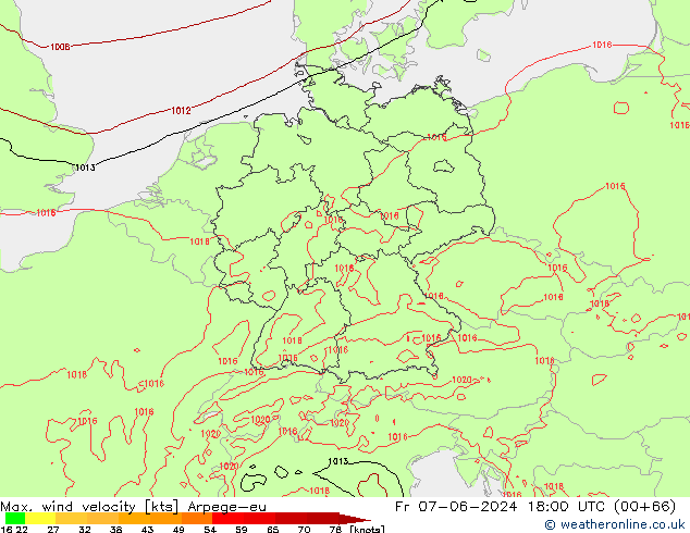 Max. wind velocity Arpege-eu vie 07.06.2024 18 UTC