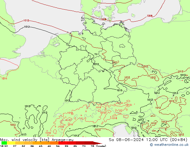 Max. wind velocity Arpege-eu Sa 08.06.2024 12 UTC