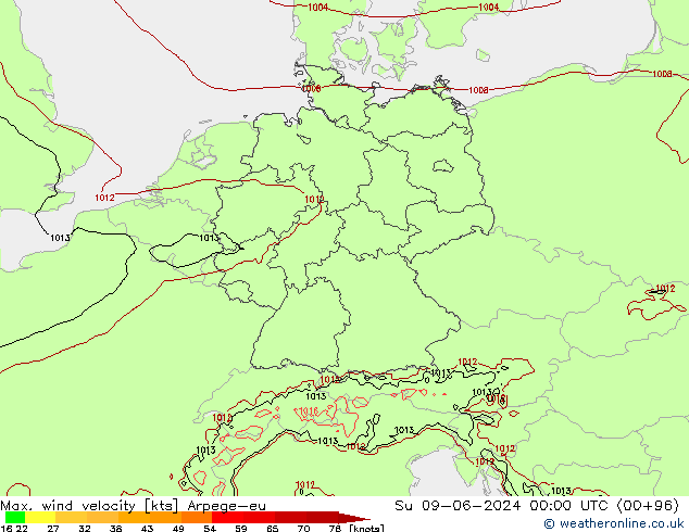 Max. wind snelheid Arpege-eu zo 09.06.2024 00 UTC