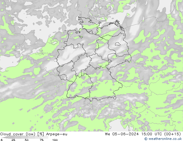 Cloud cover (low) Arpege-eu We 05.06.2024 15 UTC