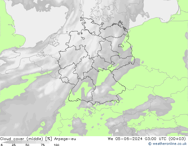 Cloud cover (middle) Arpege-eu We 05.06.2024 03 UTC