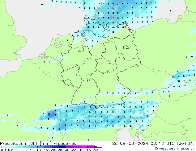 Precipitazione (6h) Arpege-eu sab 08.06.2024 12 UTC