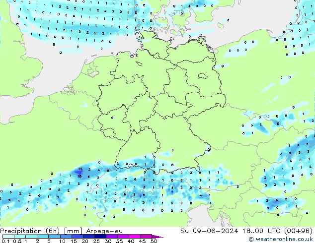 Precipitation (6h) Arpege-eu Su 09.06.2024 00 UTC