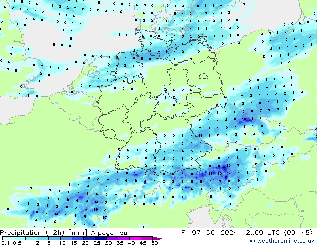 осадки (12h) Arpege-eu пт 07.06.2024 00 UTC