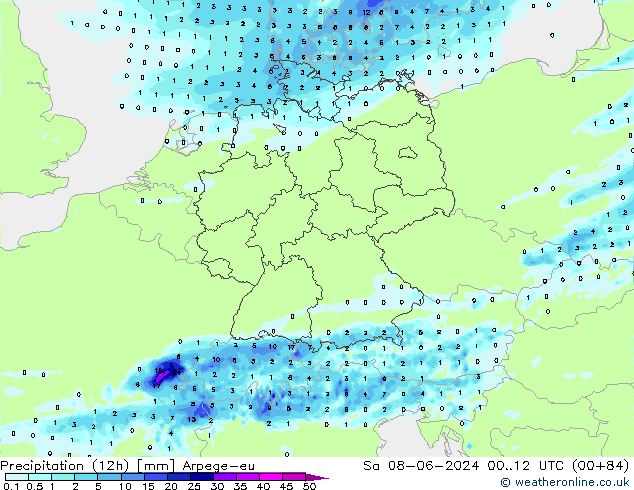 Precipitación (12h) Arpege-eu sáb 08.06.2024 12 UTC