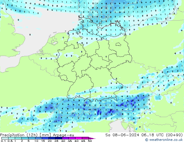 降水量 (12h) Arpege-eu 星期六 08.06.2024 18 UTC