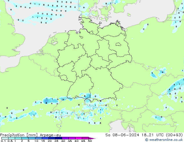 Srážky Arpege-eu So 08.06.2024 21 UTC