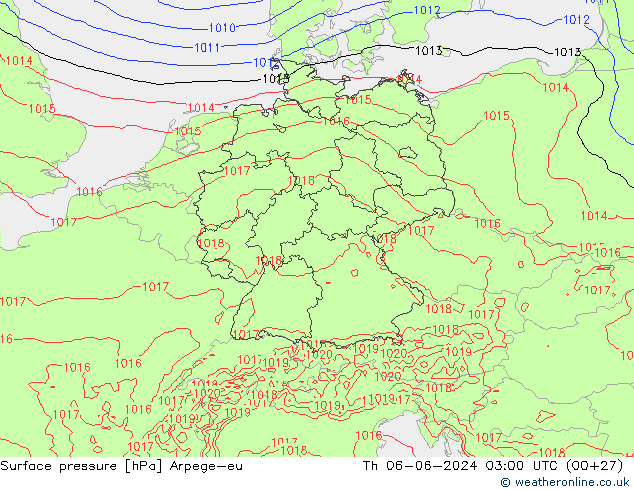 Atmosférický tlak Arpege-eu Čt 06.06.2024 03 UTC