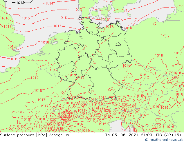 Pressione al suolo Arpege-eu gio 06.06.2024 21 UTC