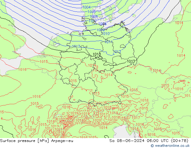 Atmosférický tlak Arpege-eu So 08.06.2024 06 UTC