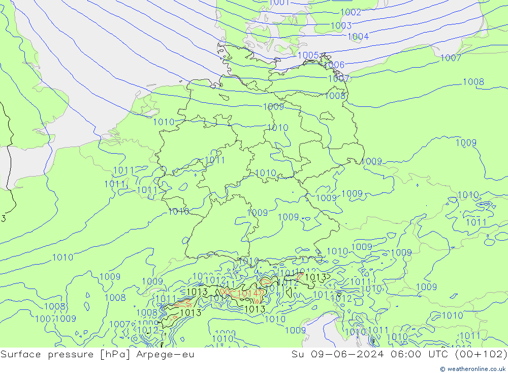 Atmosférický tlak Arpege-eu Ne 09.06.2024 06 UTC