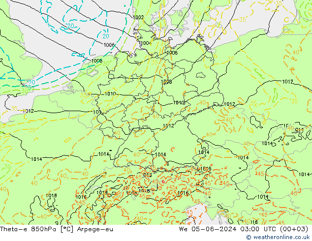 Theta-e 850hPa Arpege-eu 星期三 05.06.2024 03 UTC