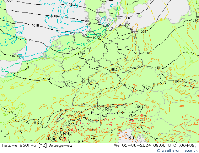 Theta-e 850hPa Arpege-eu Qua 05.06.2024 09 UTC