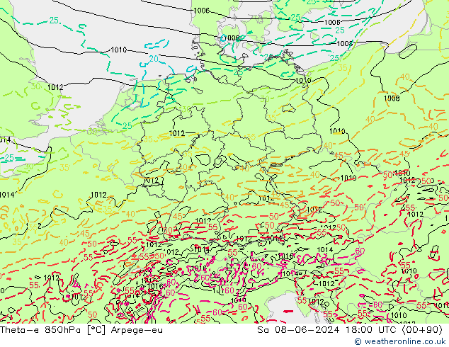 Theta-e 850hPa Arpege-eu Sáb 08.06.2024 18 UTC