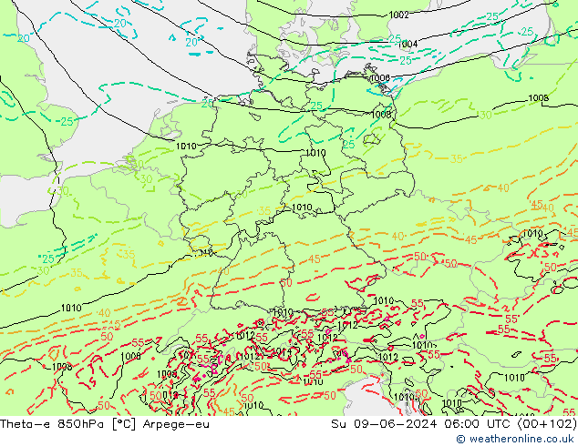 Theta-e 850hPa Arpege-eu Ne 09.06.2024 06 UTC