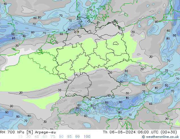 RH 700 hPa Arpege-eu gio 06.06.2024 06 UTC