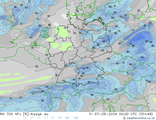 RH 700 hPa Arpege-eu ven 07.06.2024 00 UTC