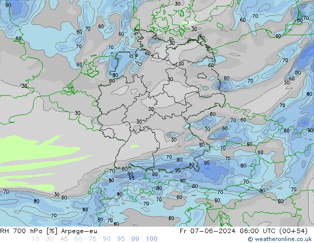 RH 700 hPa Arpege-eu Sex 07.06.2024 06 UTC