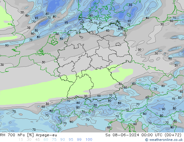 Humedad rel. 700hPa Arpege-eu sáb 08.06.2024 00 UTC