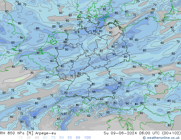 RH 850 hPa Arpege-eu So 09.06.2024 06 UTC