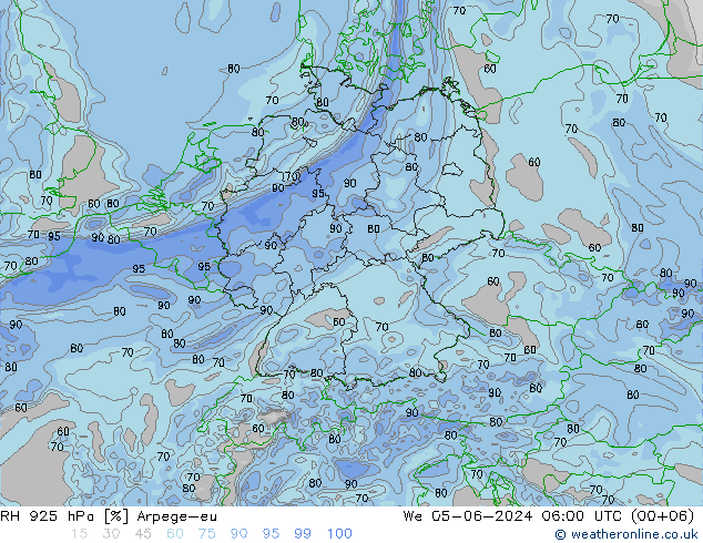 RH 925 hPa Arpege-eu śro. 05.06.2024 06 UTC