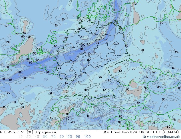 Humidité rel. 925 hPa Arpege-eu mer 05.06.2024 09 UTC