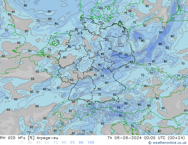 RH 925 hPa Arpege-eu czw. 06.06.2024 00 UTC