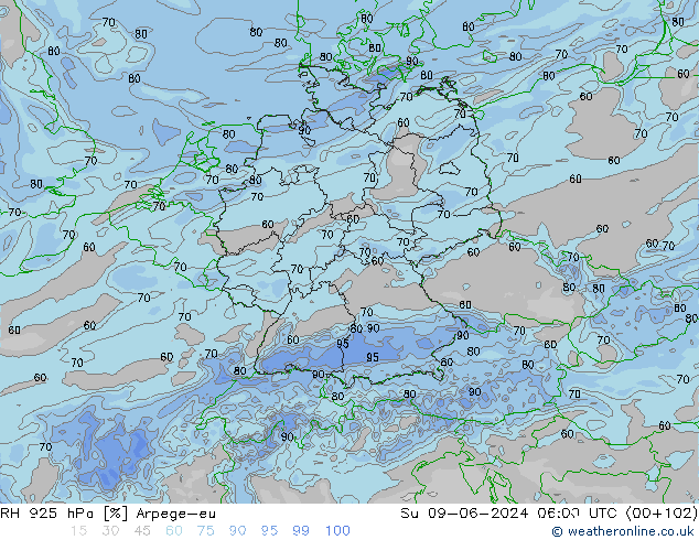 Humidité rel. 925 hPa Arpege-eu dim 09.06.2024 06 UTC