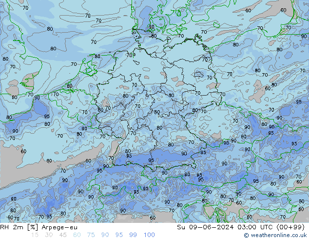 RH 2m Arpege-eu Su 09.06.2024 03 UTC