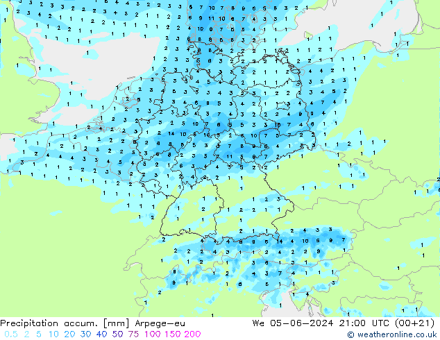 Precipitation accum. Arpege-eu śro. 05.06.2024 21 UTC