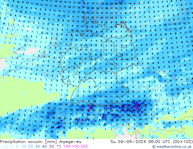 Precipitation accum. Arpege-eu  09.06.2024 06 UTC