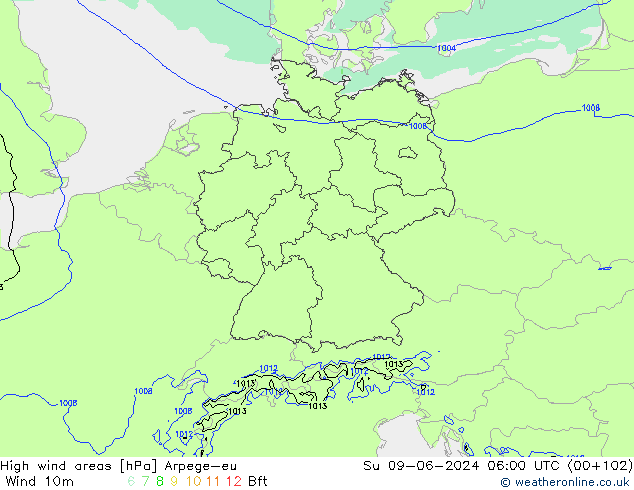 Windvelden Arpege-eu zo 09.06.2024 06 UTC