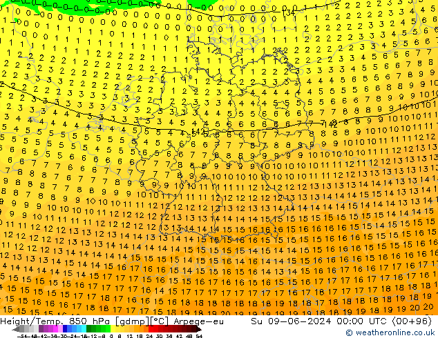 Yükseklik/Sıc. 850 hPa Arpege-eu Paz 09.06.2024 00 UTC