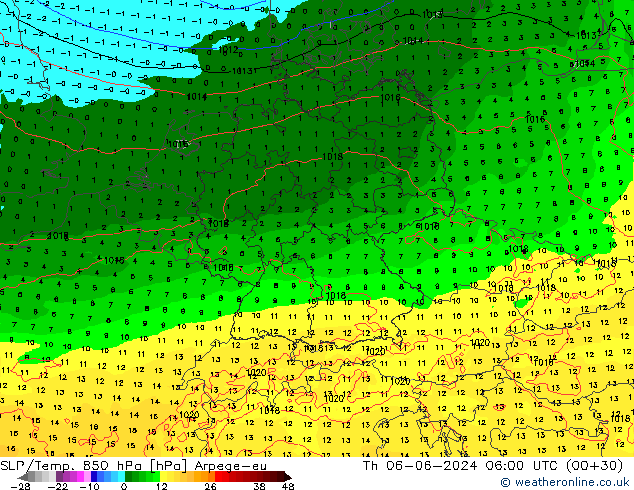 SLP/Temp. 850 гПа Arpege-eu чт 06.06.2024 06 UTC
