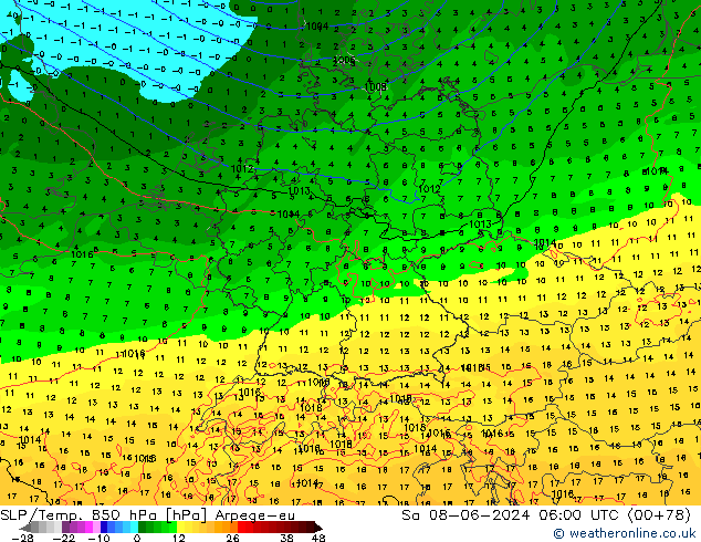 SLP/Temp. 850 hPa Arpege-eu Sáb 08.06.2024 06 UTC