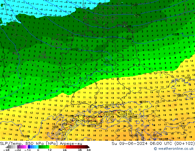 SLP/Temp. 850 hPa Arpege-eu Ne 09.06.2024 06 UTC