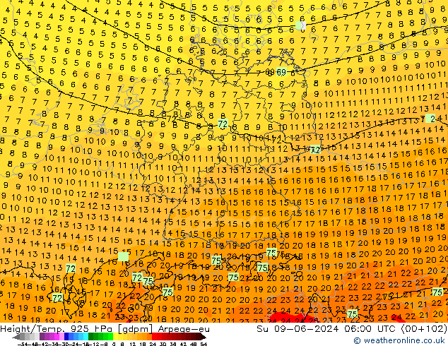 Height/Temp. 925 гПа Arpege-eu Вс 09.06.2024 06 UTC