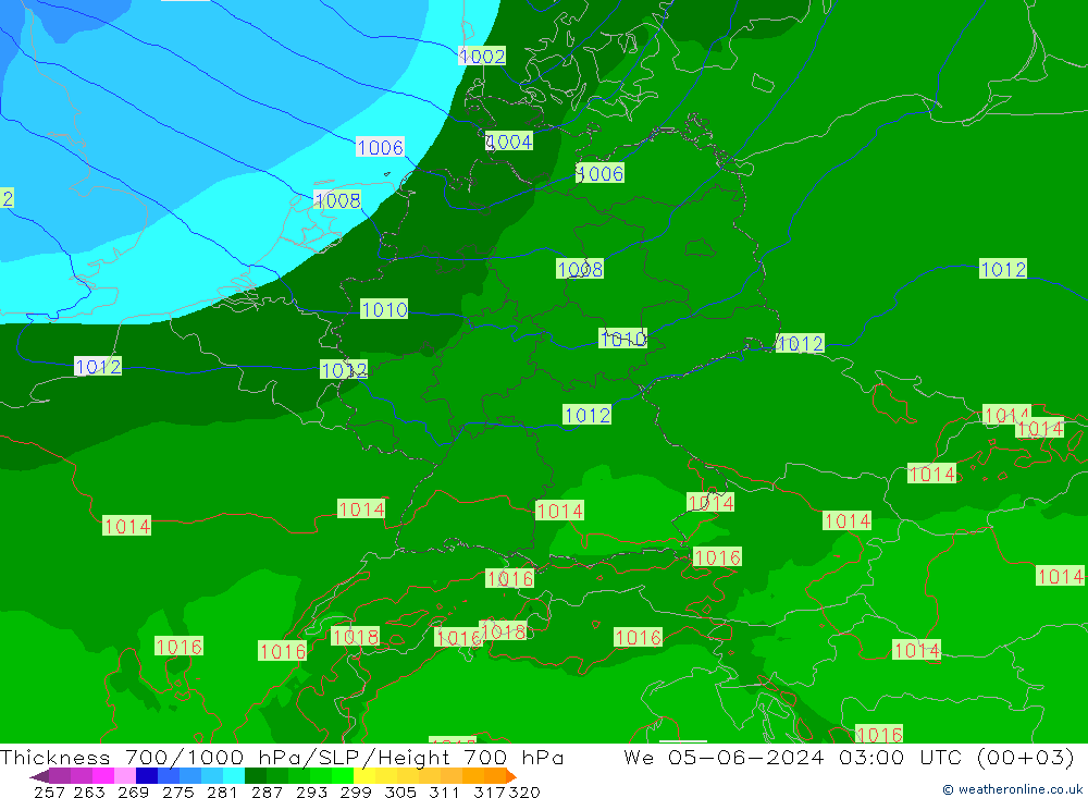 Thck 700-1000 hPa Arpege-eu We 05.06.2024 03 UTC